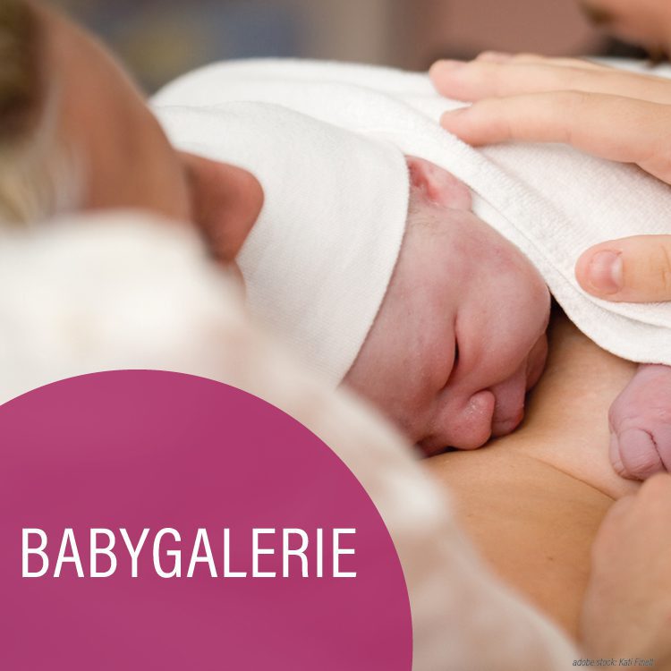 Mutter mit Neugeborenem auf der Brust, brombeerfarbener Kreis mit der Aufschrift Babygalerie