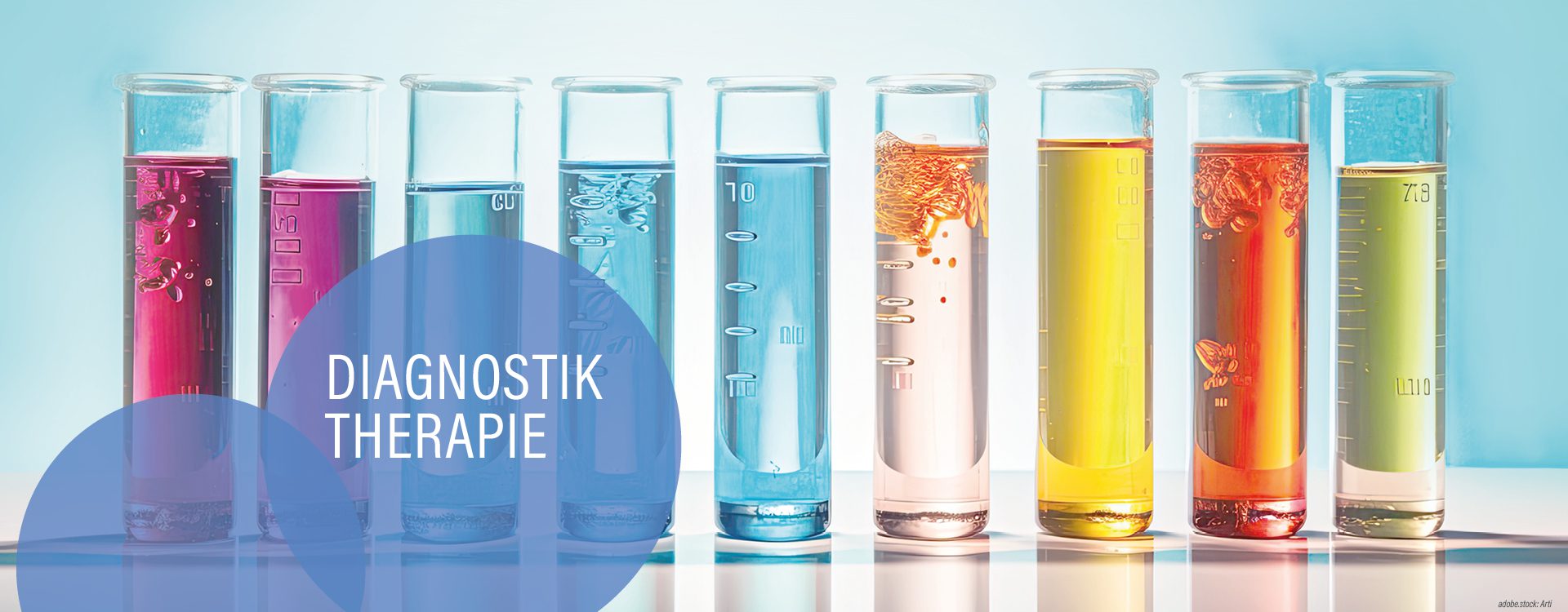 Mehrere, mit verschiedenfarbigen Flüssigkeiten gefüllte Reagenzgläser, dunkelblaue Kreise mit der Aufschrift Diagnostik und Therapie.