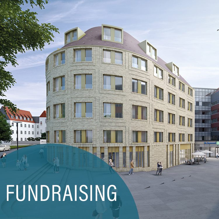 Visualisierung BK-Neubau, blaugrauer Kreis mit der Aufschrift Fundraising