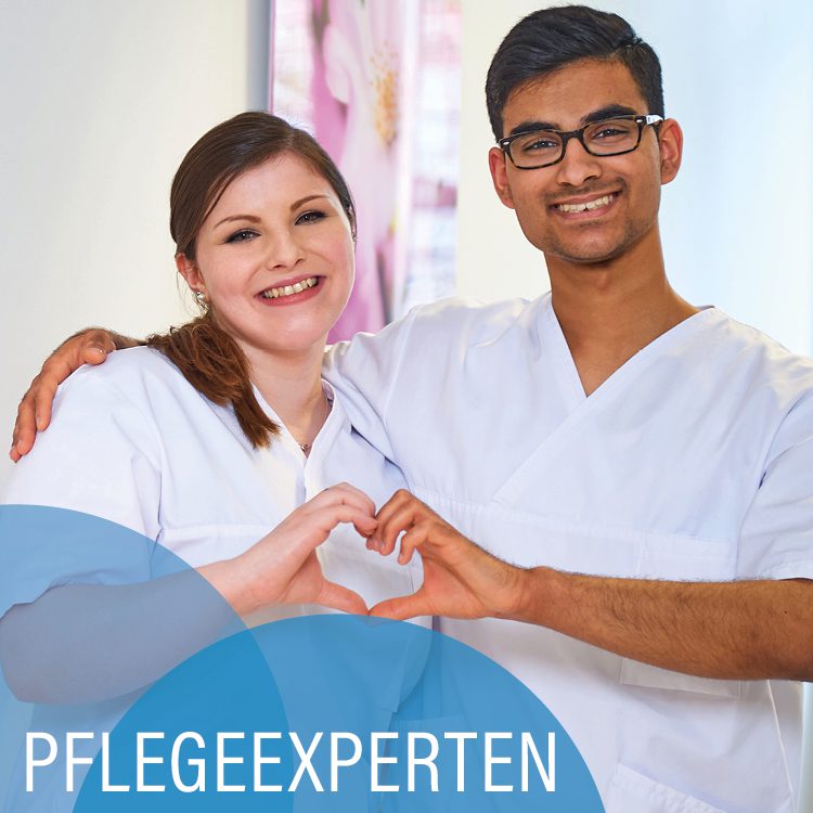 Zwei lächelnde Pflegekräfte in weißer Krankenhausarbeitskleidung, Kreise mit der Aufschrift Pflegeexperten