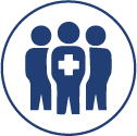 Symbol mit 3 Personen und einem Kreuz im Mittelpunkt